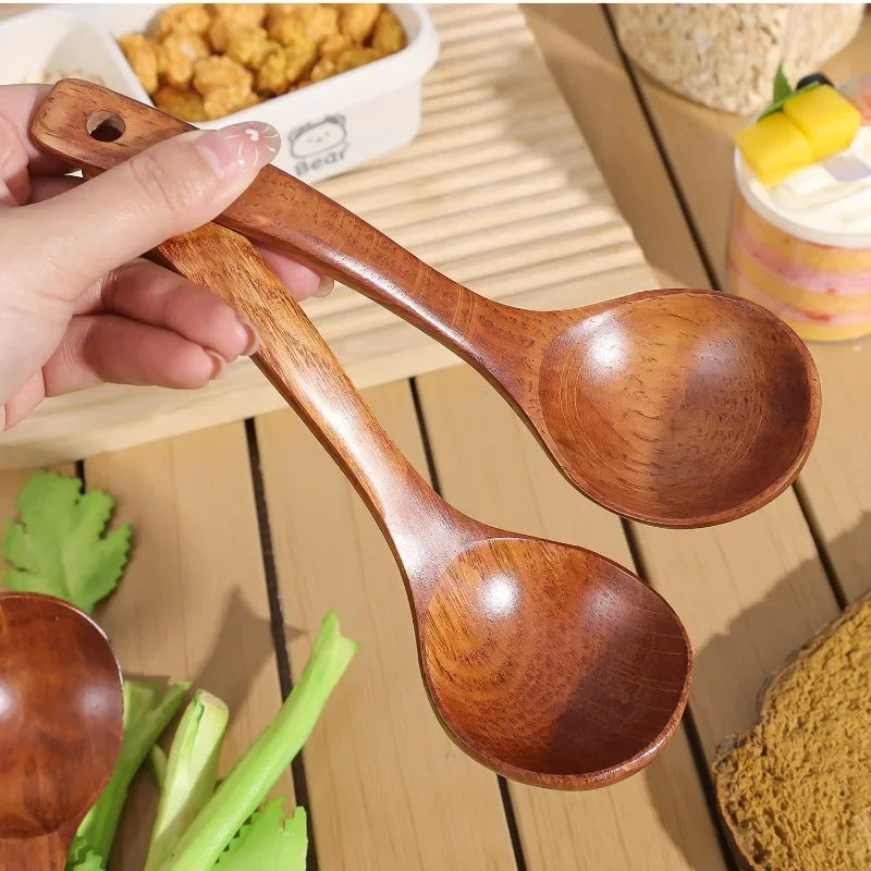 Large Wooden Soup Spoons Long Handle Heat-resistant Rice Scoops Portable Hanging Cookware Home Kitchen Restaurant Cooking Tools