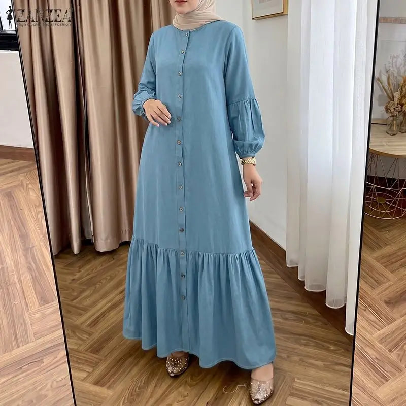 Modest Fashion Women Denim-Like Maxi Dress O-Neck Lantern Sleeve Button Up Abaya Robes ZANZEA Muslim Islamic Hijabis Kaftan