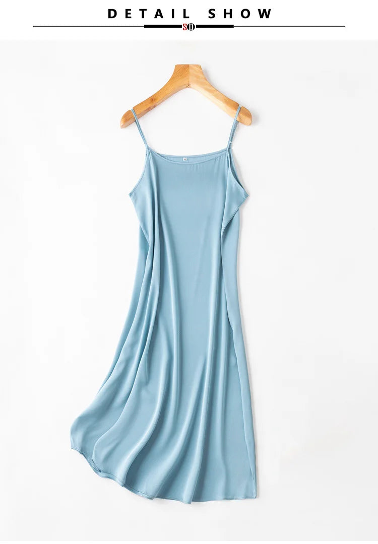 SuyaDream Women Silk Dress 93%Silk 7%Spandex Spaghetti Strap Mid Dresses 2024 Summer New Clothes Blue