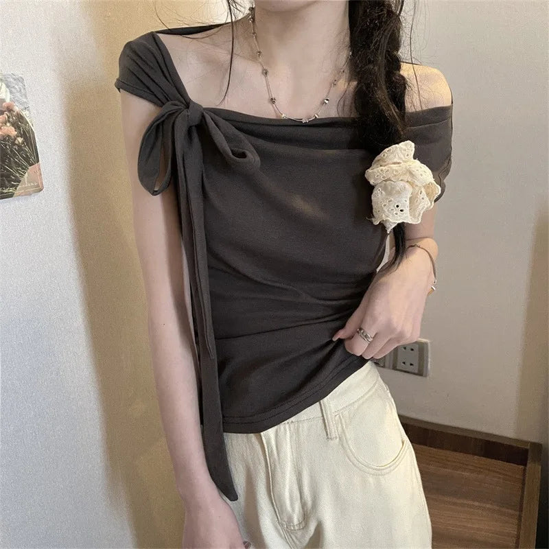 Sexy Spice Girl Shoulder Short Tshirt Women's Strap Slit Cleanfit Style Ladies' T-shirt Linen Fabric A-line Sleeve Other Mate...