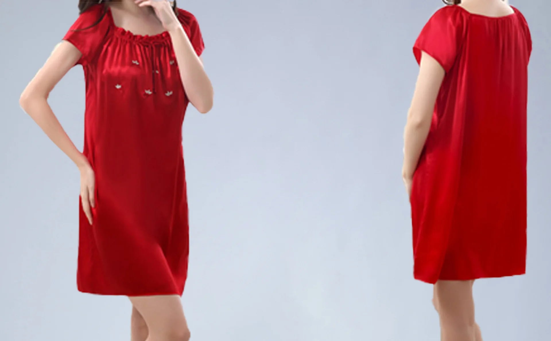 Women's 100% Mulberry Silk Sleep Dress Short Sleeve Summer Spring New Arrival Loose Solid Color Embroidered Doll Sleepwear