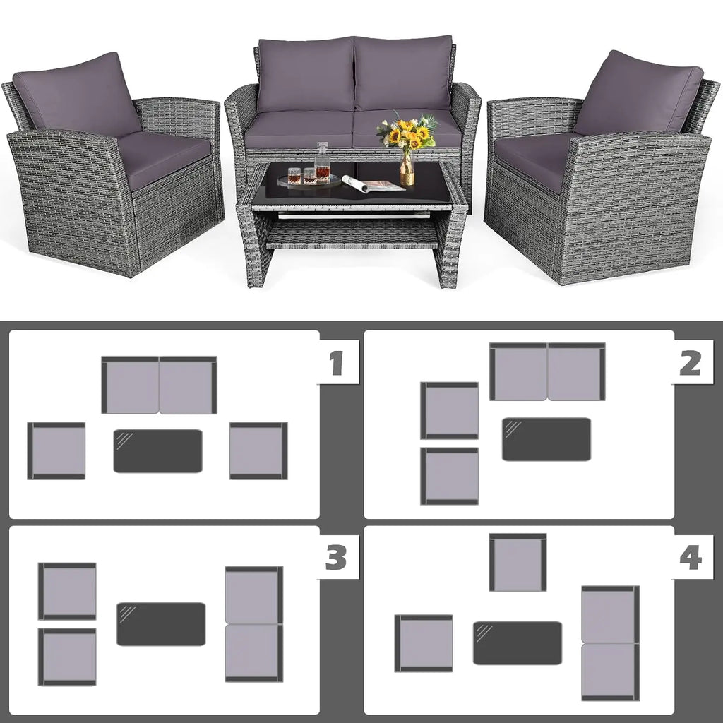 4PCS Patio Rattan Furniture Set Outdoor Sofa with Cushions & Coffee Table for Garden Porch Balcony, Customized