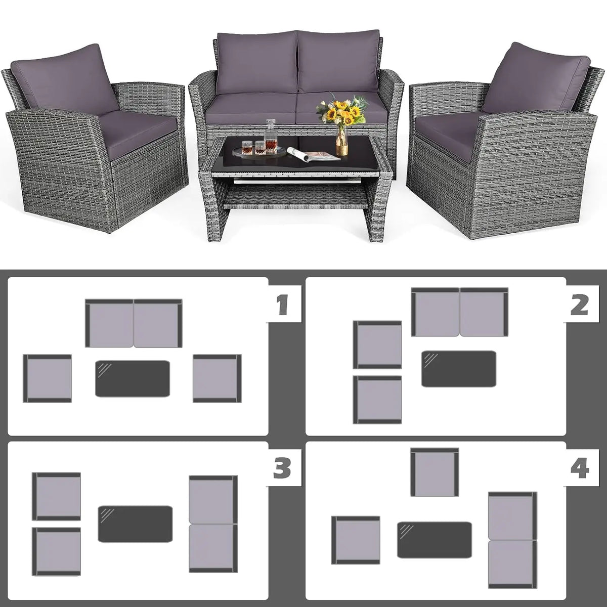 4PCS Patio Rattan Furniture Set Outdoor Sofa with Cushions & Coffee Table for Garden Porch Balcony, Customized