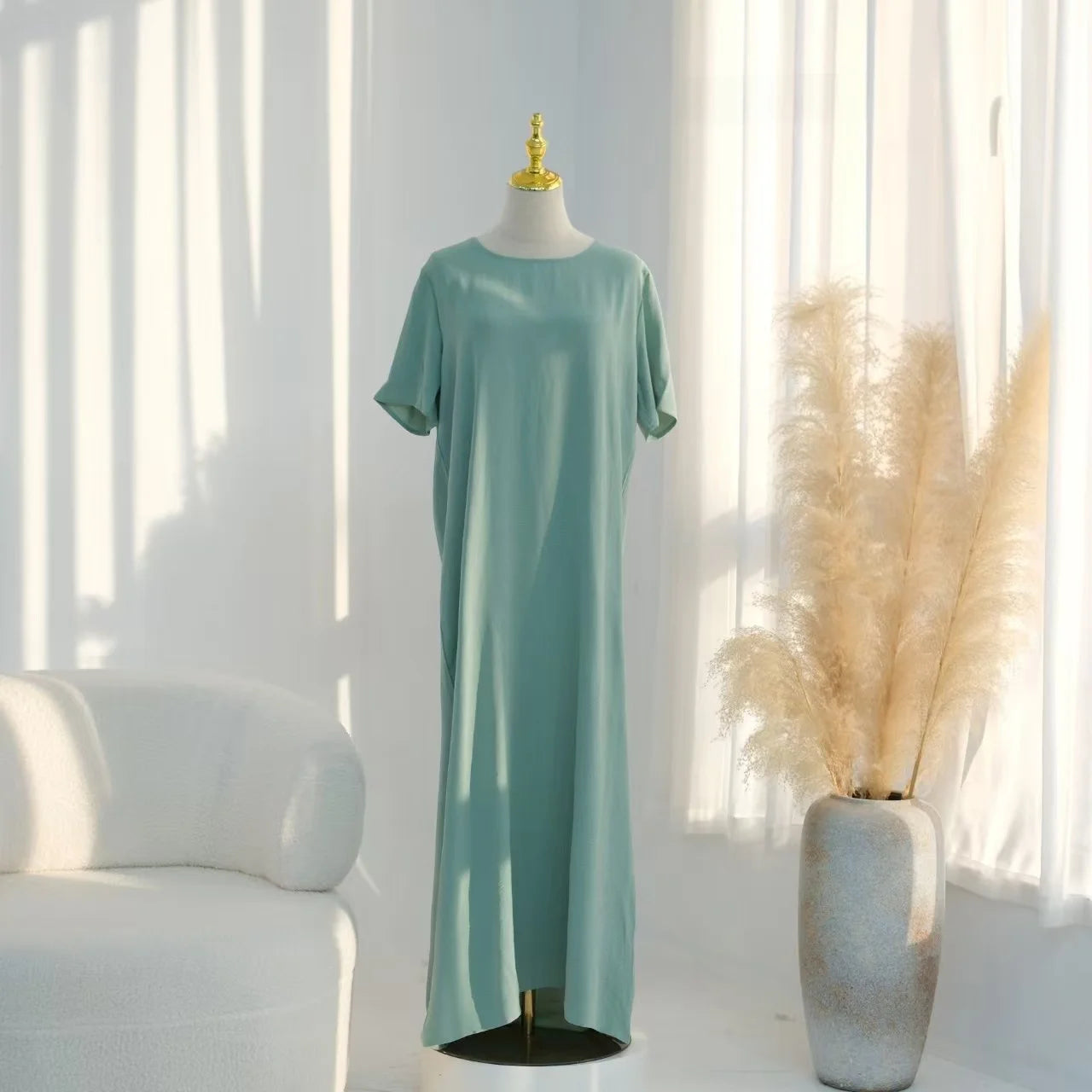 Fashionable  Color round Neck Short Sleeve Long Dress Inner Wear Dress Ethnic Style New Arrival High Waist Polyester Fabric