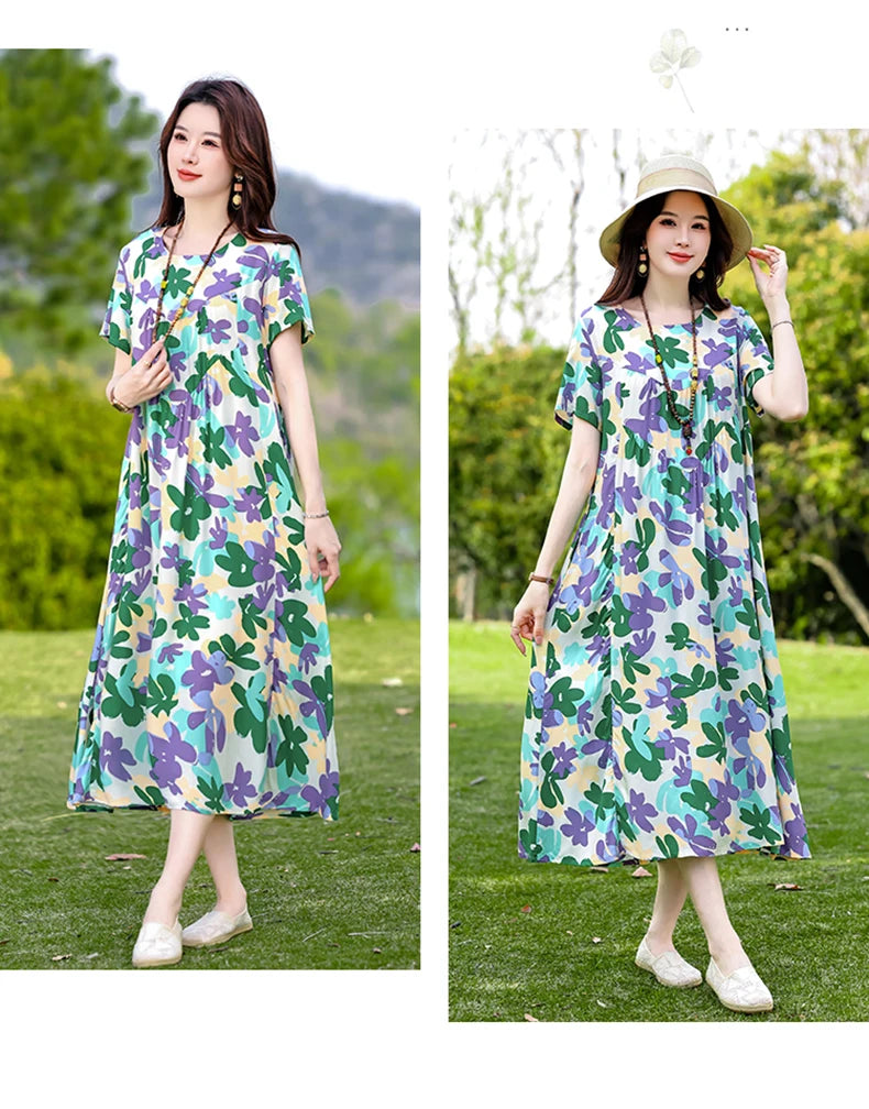 New Print plus size 2026 New Fashion Floral Printed Summer Dress Vestidos Elegant Short Sleeve Slim O-Neck Party Women clothing