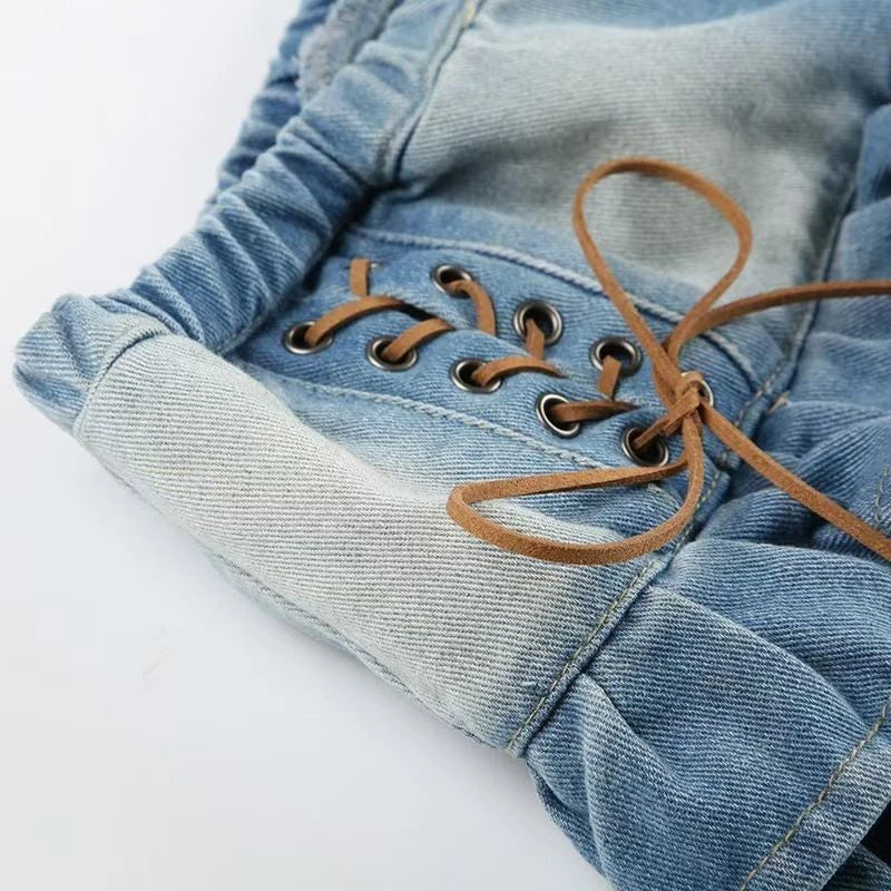 Vintage Lace Up Denim Skirts Women Y2K American Mid Waist All Match Mini Skirts Summer Streetwear Casual Pleated Jeans Skirts