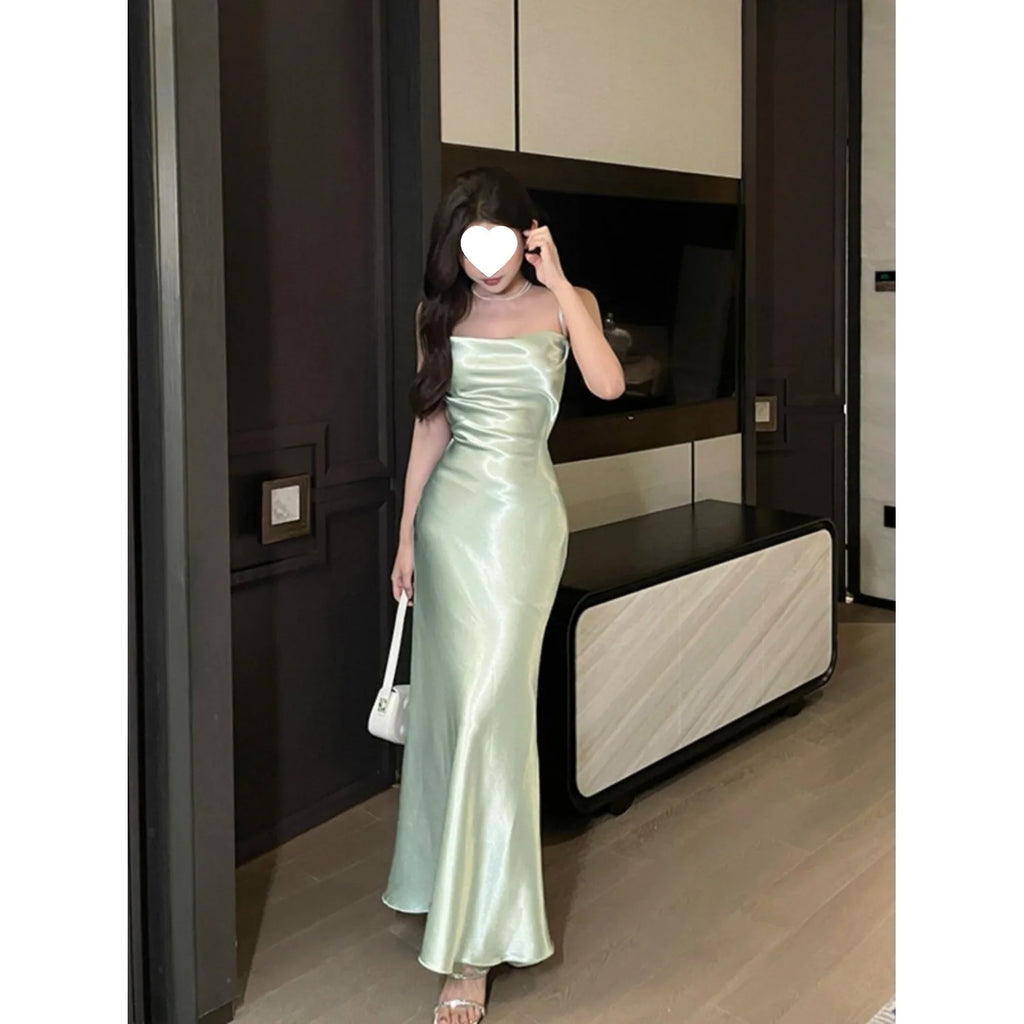 Elegant French Style Sling Satin Wrap Waist Slimming Long Dress Women's Fashion 2026 New Knitted Fabric Midi Skirt Dress