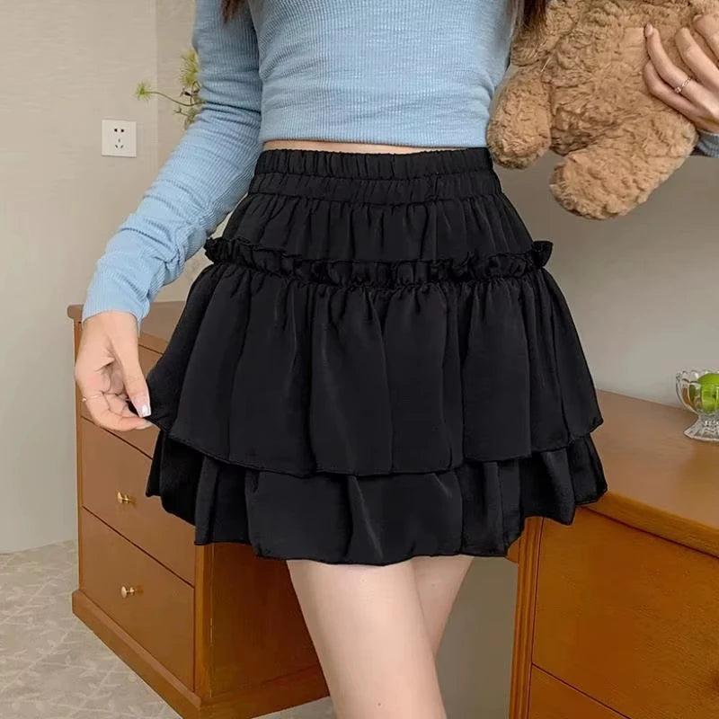 Korean Chic Y2K Sweet Girl's White Princess Mini Skirt Ballet-style Tiered Skirt Elastic High Waist Cake Skirt Shorts All-match