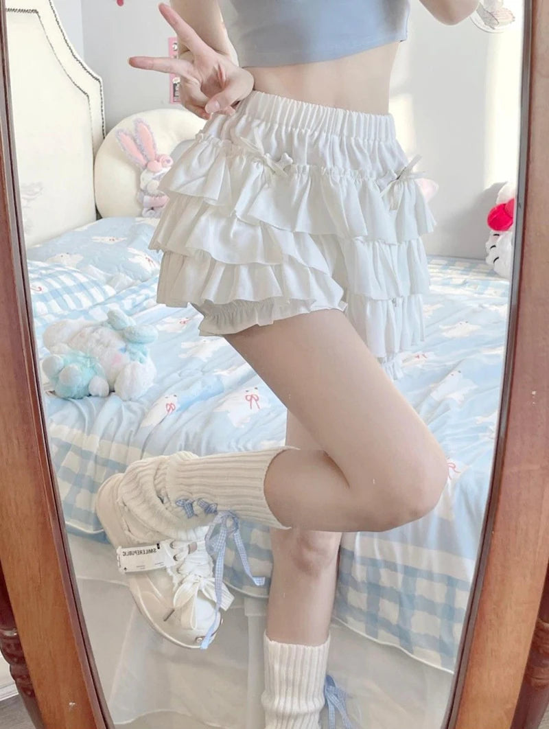 Pastel Tiered Ruffle Mini Skirt with Built-in Bloomer Shorts Layered Frill Skort Women Soft-Girl Kawaii Lolita Jirai Kei Sukapan