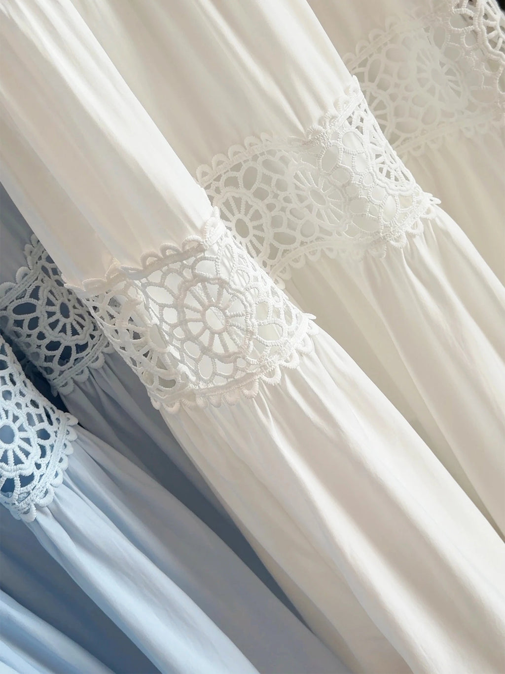 Korean-Style White Cake-Tier Skirt Women's Spring/Summer New Arrival Lace Cutout Patchwork Cotton Elegant Midi Skirt