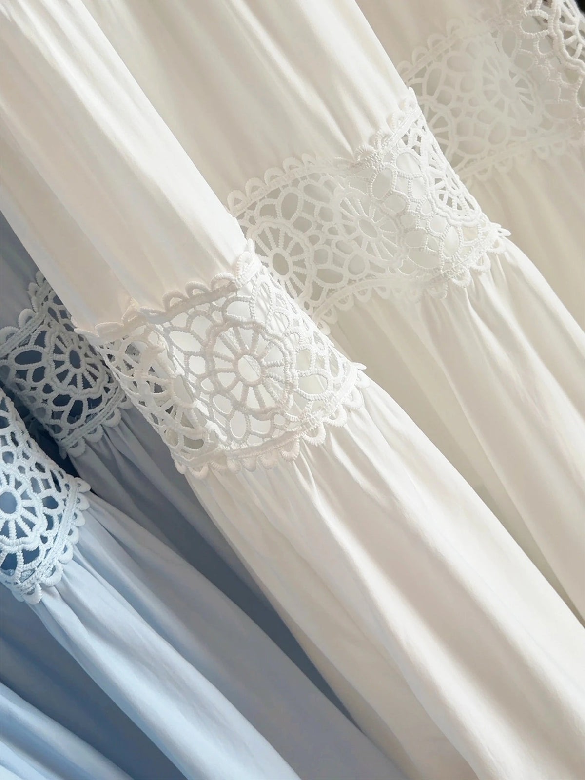 Korean-Style White Cake-Tier Skirt Women's Spring/Summer New Arrival Lace Cutout Patchwork Cotton Elegant Midi Skirt