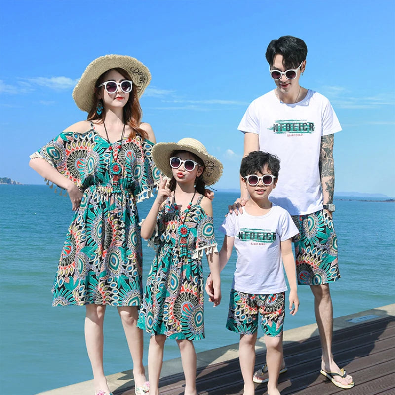 2025 Elegant Floral Girls Dress Family Matching Summer Outfit Off-Shoulder Midi Boho Dress Boys Set Fashionable Beach Vacation