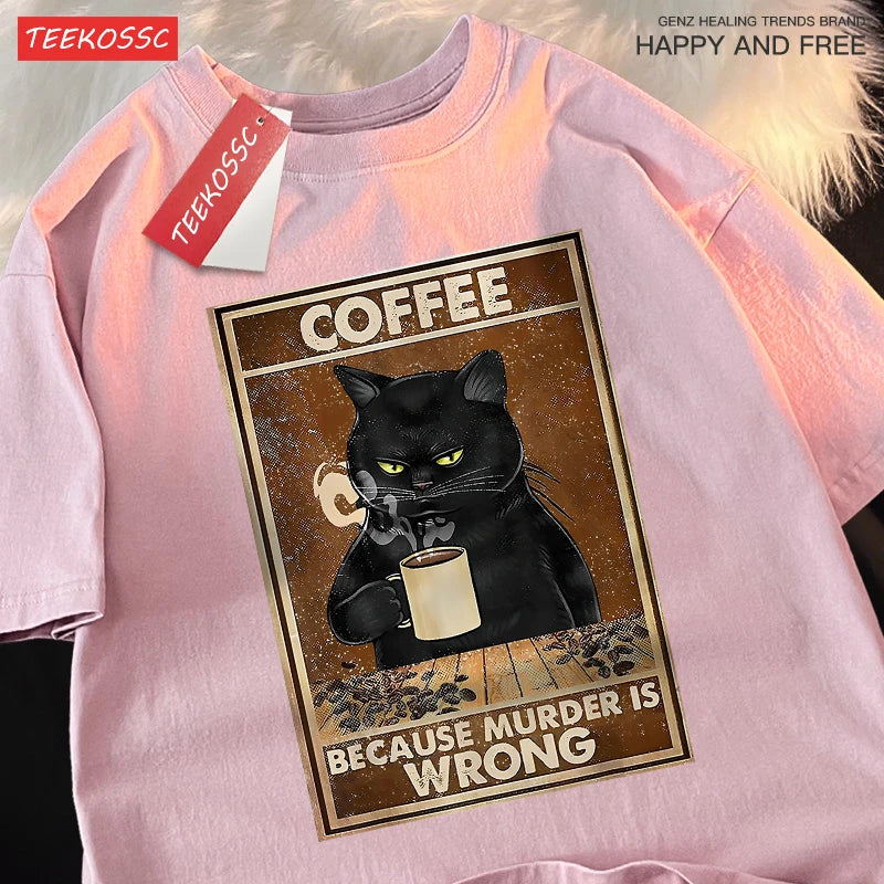 Porque Matar Está Mal Camiseta Unisex Oversize de Algodón Transpirable de Gato Negro Bebiendo Café Ropa Urbana