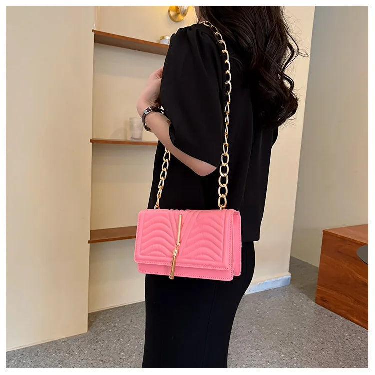 Brand Designer PU Striped Women's Shoulder Bag Fashion Tassel Chain Crossbody Bag Small flap Handbag  2023 Trend