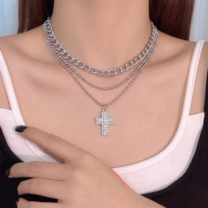 Y2K Rhinestone Cross Pendant Necklace Double Layered Silver Color Chain Choker Gothic Necklaces Party Jewelry Women Accessories