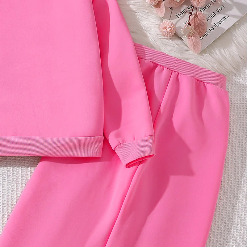 Children‘s Autumn Winter Warm Clothes Sets For Girls Solid Color Heart Print Top And Pants Daily Causal Sports Loose Lounge Wear
