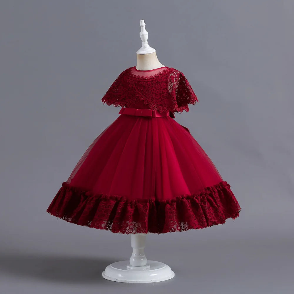 Criss-Cross Lace Girl Bridesmaid Dresses For Christmas White Kid's Party Dress Beading Tulle Children's Ceremony Evening Frocks
