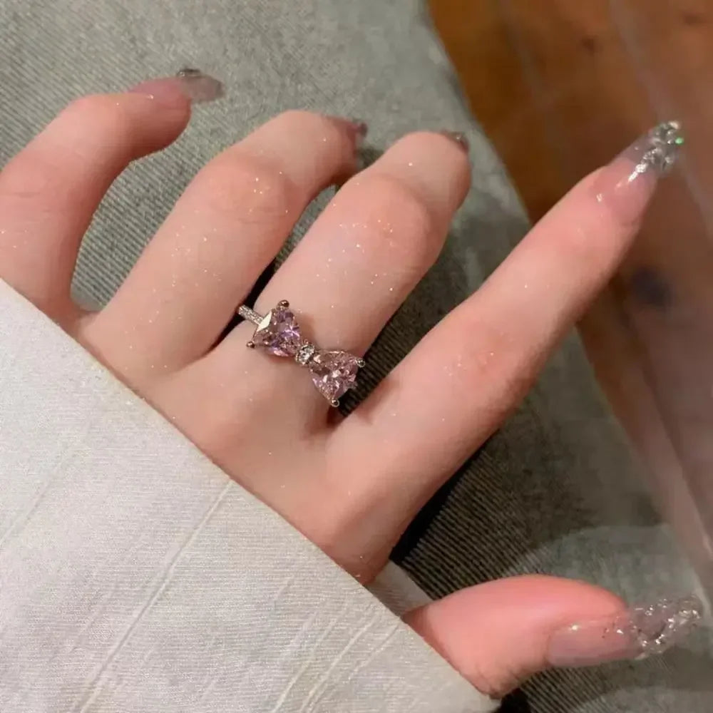2Pcs Set Fashion Bowknot Necklace Rings Set Crystal Bow Knot Pendant Necklaces Adjustable Bow Rings Fairy Shiny Pink Jewelry