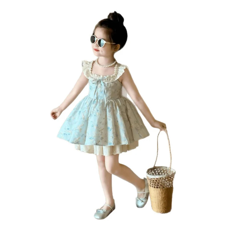 Girls' New Summer Korean Style Floral Print Sweet Princess Dress with Small Flutter Sleeves and Lace