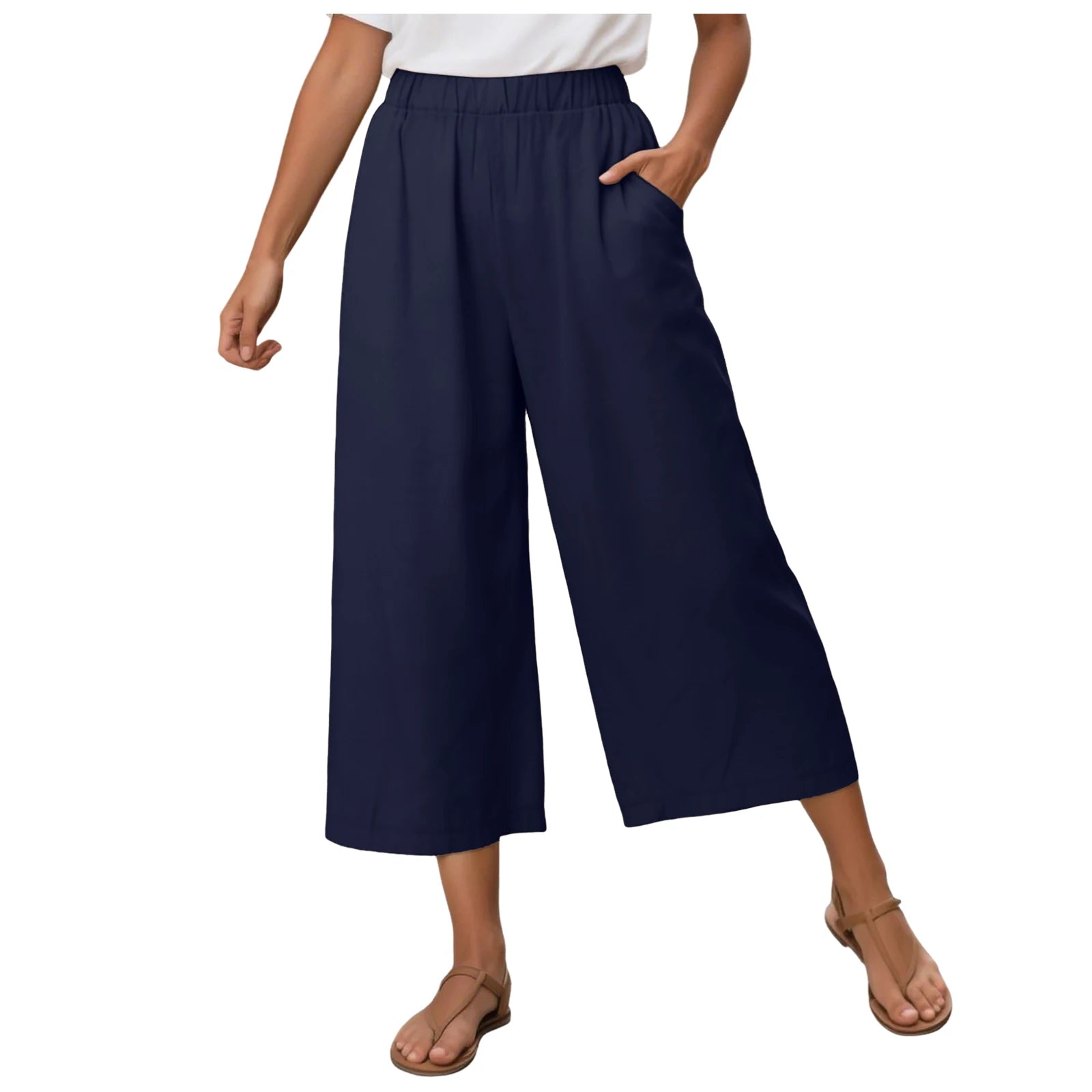 Women's Wide Leg Pants High Waist Loose Fit Cropped Trousers Comfortable Soft Palazzo Pants Casual Beach Vacation Capri Pants