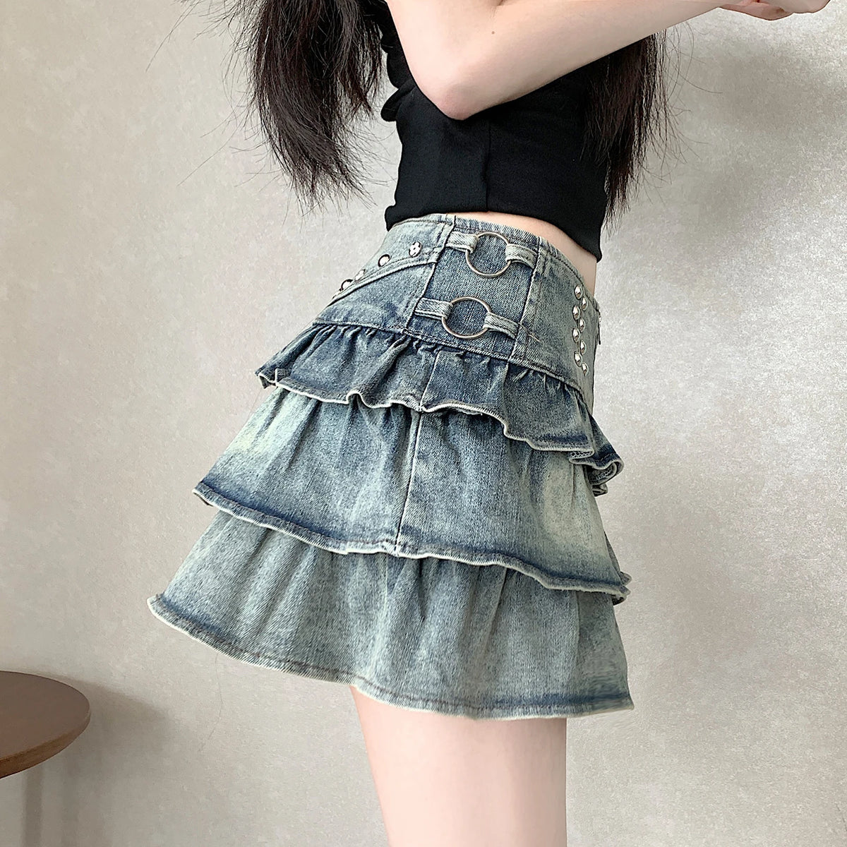 Hotsweet Summer Women Mini Denim Skirt High Waist Zipper Layered Ruffles Skirt Stylish Feminine Streetwear Slim Ball Gown Skirt