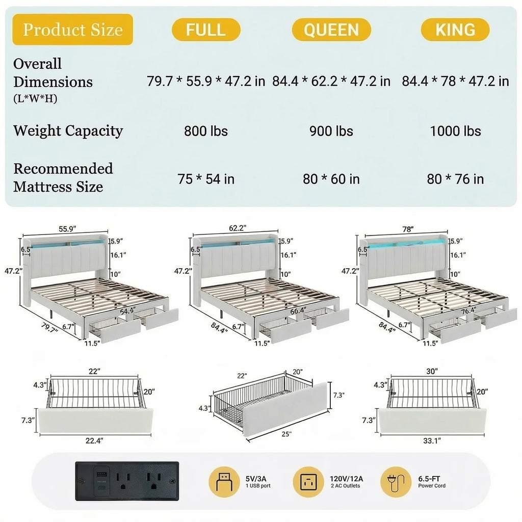 HOOMIC Bed Frame, 2 Storage Drawers/2-Tier Shelves with LED Lights & Charging Station, No Box Spring Need, Full/Queen/King