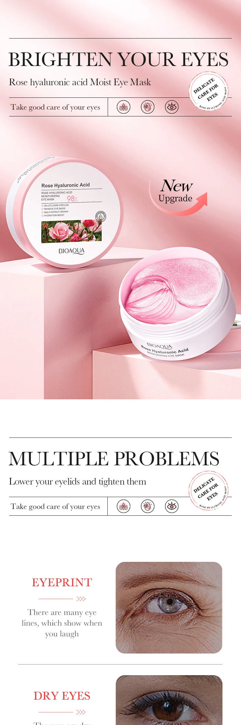 60pcs BIOAQUA Rose Hyaluronic Acid Eye Mask Anti Wrinkle Dark Circles Eye Bags Moisturizing Firming Eye Patches Skin Care
