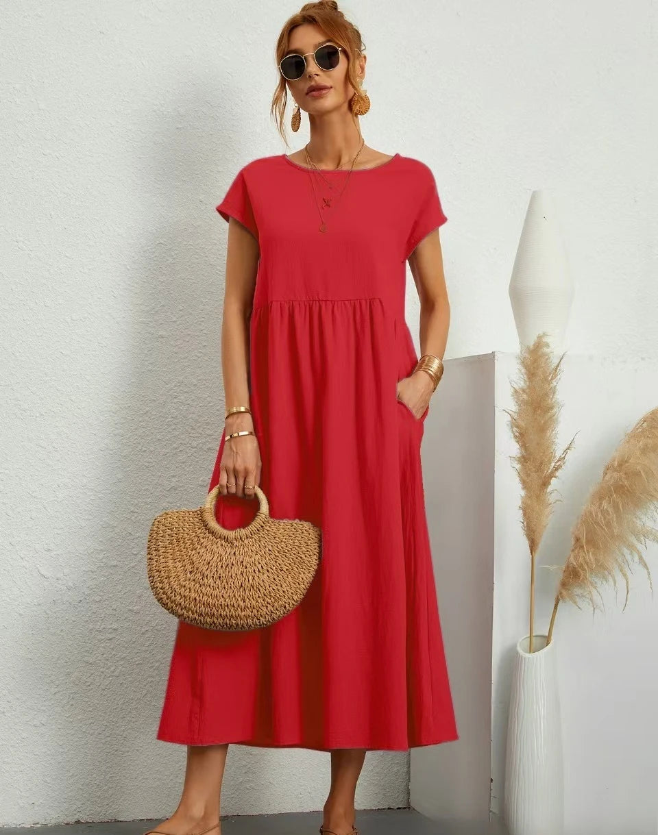 Premium Elegant Solid Cotton Linen Dress Summer Midi with Pockets Loose Fit Casual Crew Neck Short Sleeve for Beach Travel
