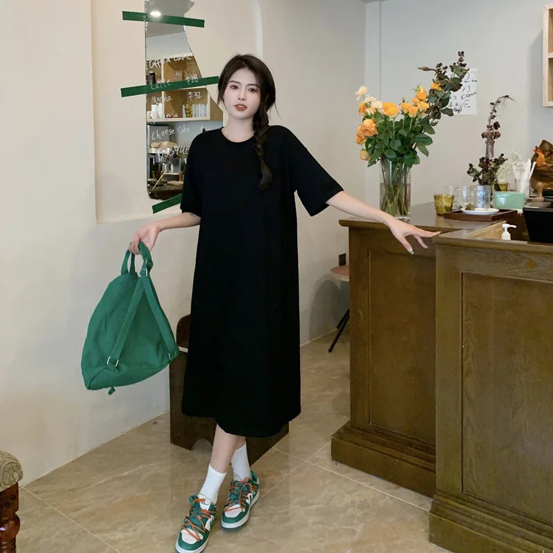 Women's Summer Plus Size Casual Dress 2026 New Loose Solid Color Knee Length Split Hem T Shirt Dress
