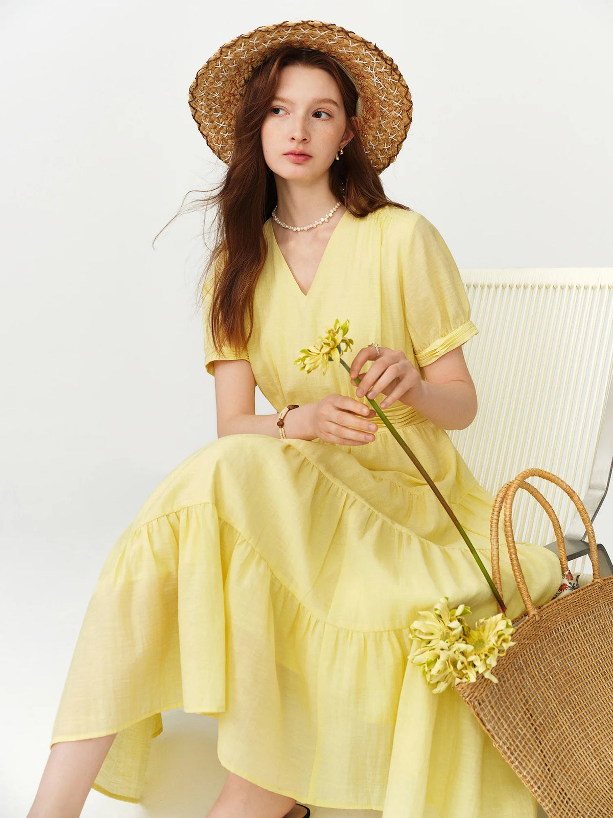 FSLE V-neck Puff Sleeve Pleated Waist Dresses Women New Summer 2026 High-waisted Cut Short Sleeve Mid-calf Length Fairy Dress