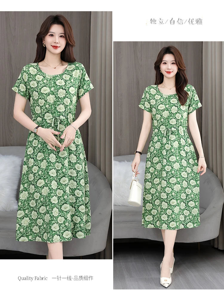 New Elegant Floral Dress  Bohemian plus Size Women Summer Short Sleeve Clothing with Large Hem for Casual Occasions
