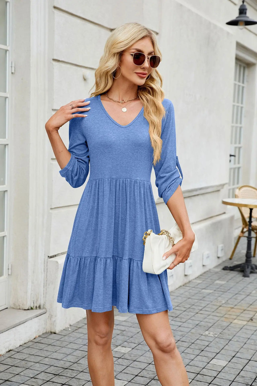 Women Spring Summer Loose 3/4 Sleeve V-Neck Ruched Ruffled Flowy Midi Dress EU US