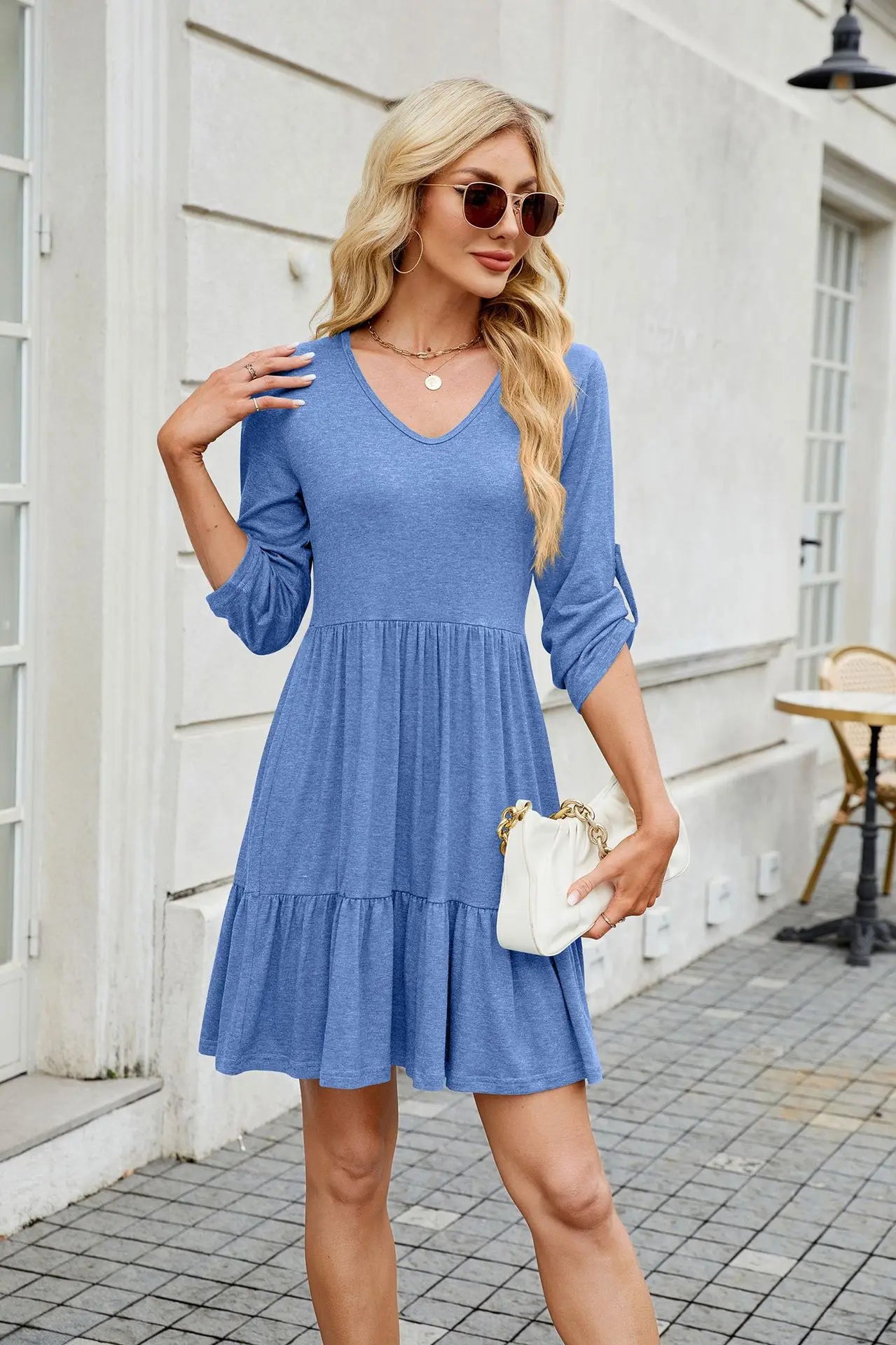 Women Spring Summer Loose 3/4 Sleeve V-Neck Ruched Ruffled Flowy Midi Dress EU US