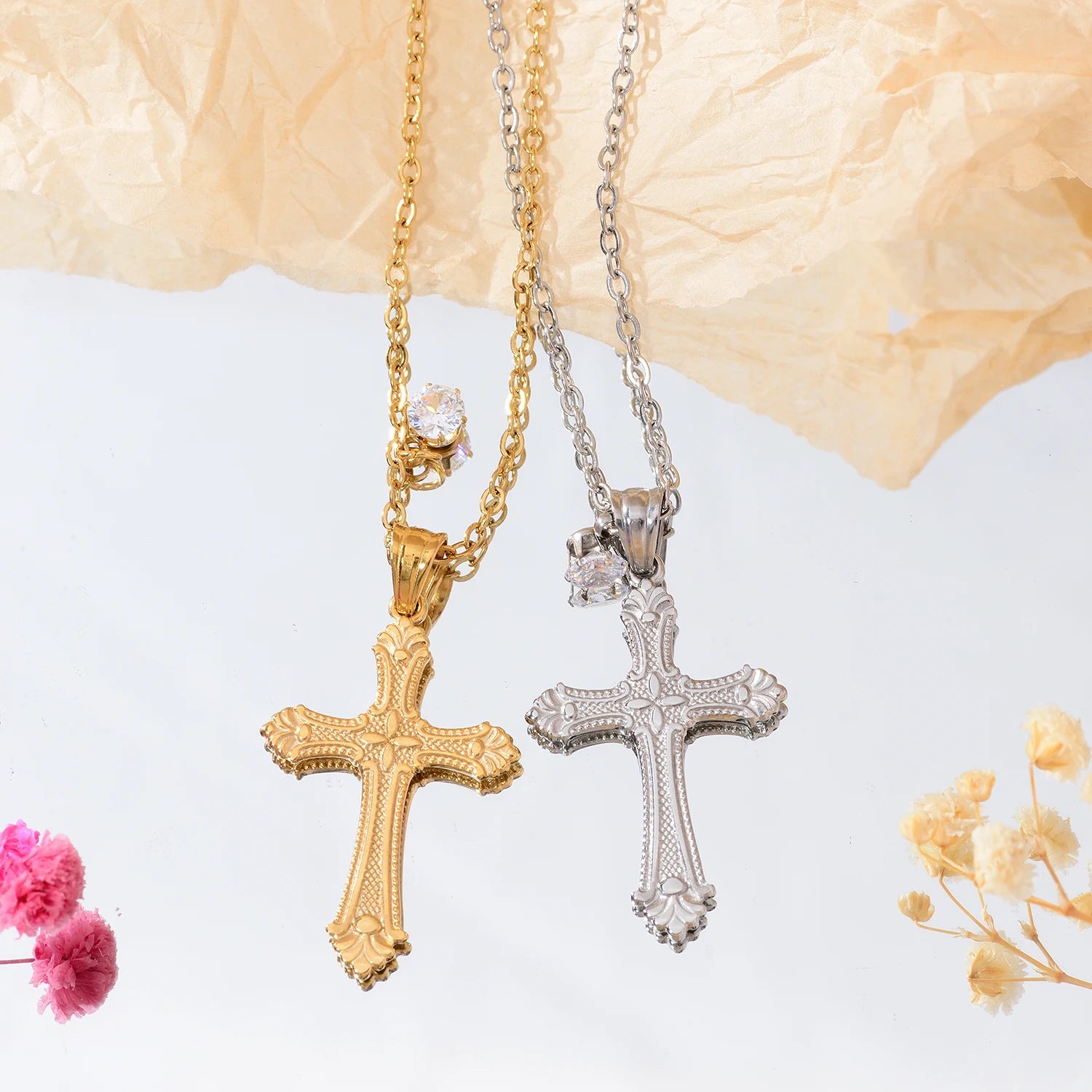 Cross Pendant Necklace For Women'S, 18K Gold Plated Stainless Steel, Hypoallergenic Waterproof Fine Jewelry
