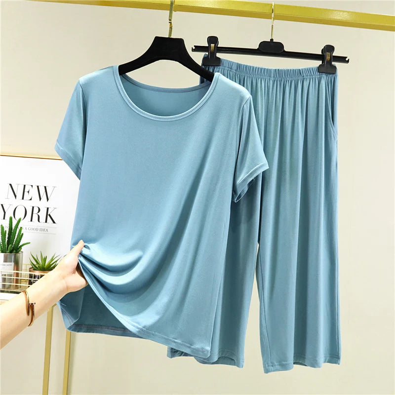 Summer Lightweight Modal Sleepwear Casual Loose Short Sleeve T-Shirt Women's Seven-Piece Pants Outdoor Large Size Leisure Set