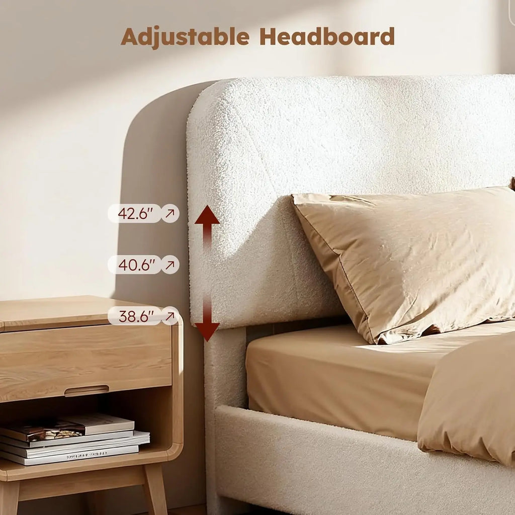 Queen Size Cloud Bed Frame, Soft Boucle Bed Frame with Adjustable Headboard, Solid Wood Legs, Rounded Corners, Customized
