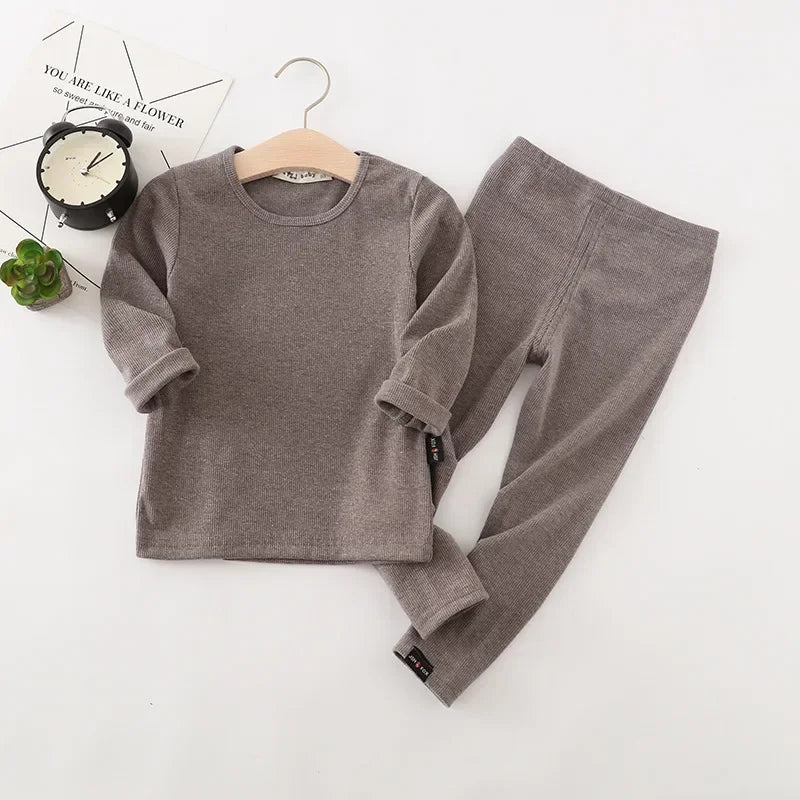 Kids Unisex Ribbed Cotton Pajama Set - Long Sleeve Pullover & Pants