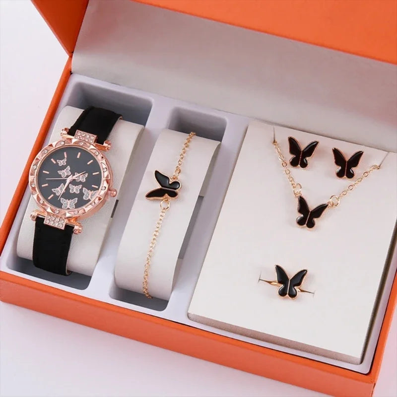 Butterfly Jewelry Set (Without Box)Women'S Watches Female Leather Watch Rings Necklace Earrings Bracelet Wedding