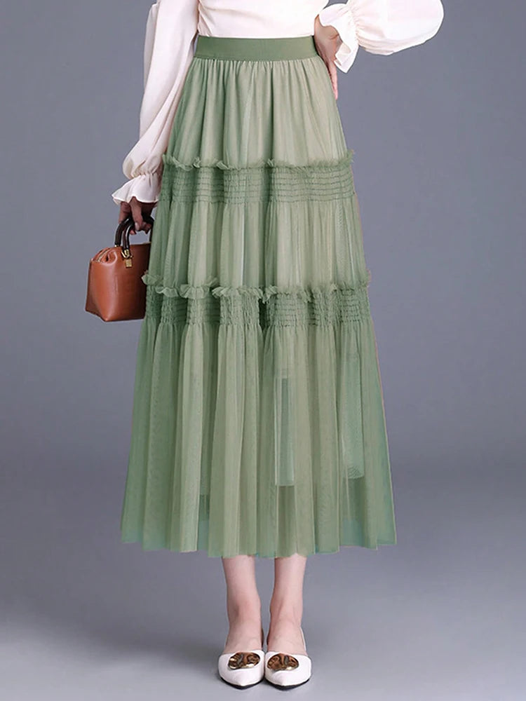 Sweety Nice In Dresses Summer Pleated Long Skirts Girl Elastic Waist Fairy Tiered Skirt Women Solid Color Elegant Women's Skirts