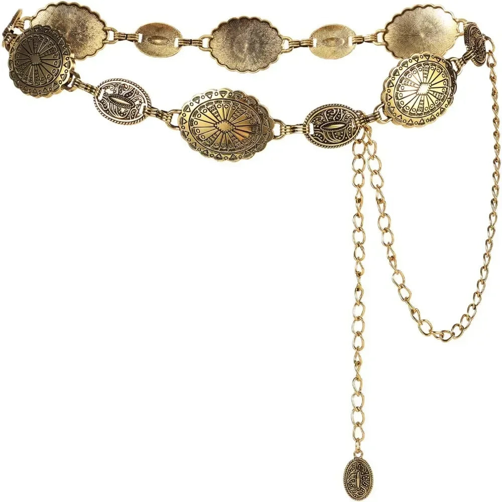 Metal Chain Belt For Women'S Cowgirl Western Country Chain Belts Adjustable Concho Belt For Sweaters Dresses Jeans