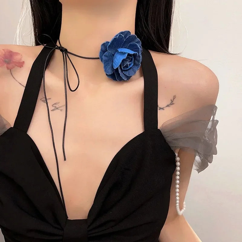 Trend Choker Flower Rose Pendant Collarbone Chain Women Jeans Cloth Necklace Temperament Adjustable Wax Rope Y2K Denim Necklace