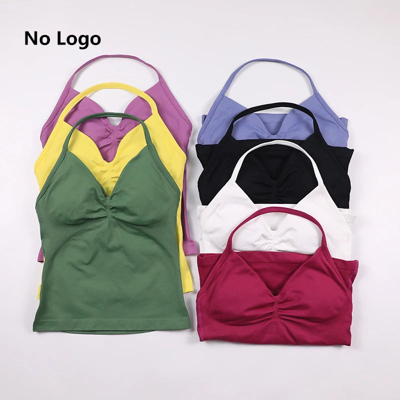 No Logo Longline Strappy Top Women Seamless Yoga Tank Top Ruched Backless Gym Clothes Workout Sleeveless Shirt With Built In Bra