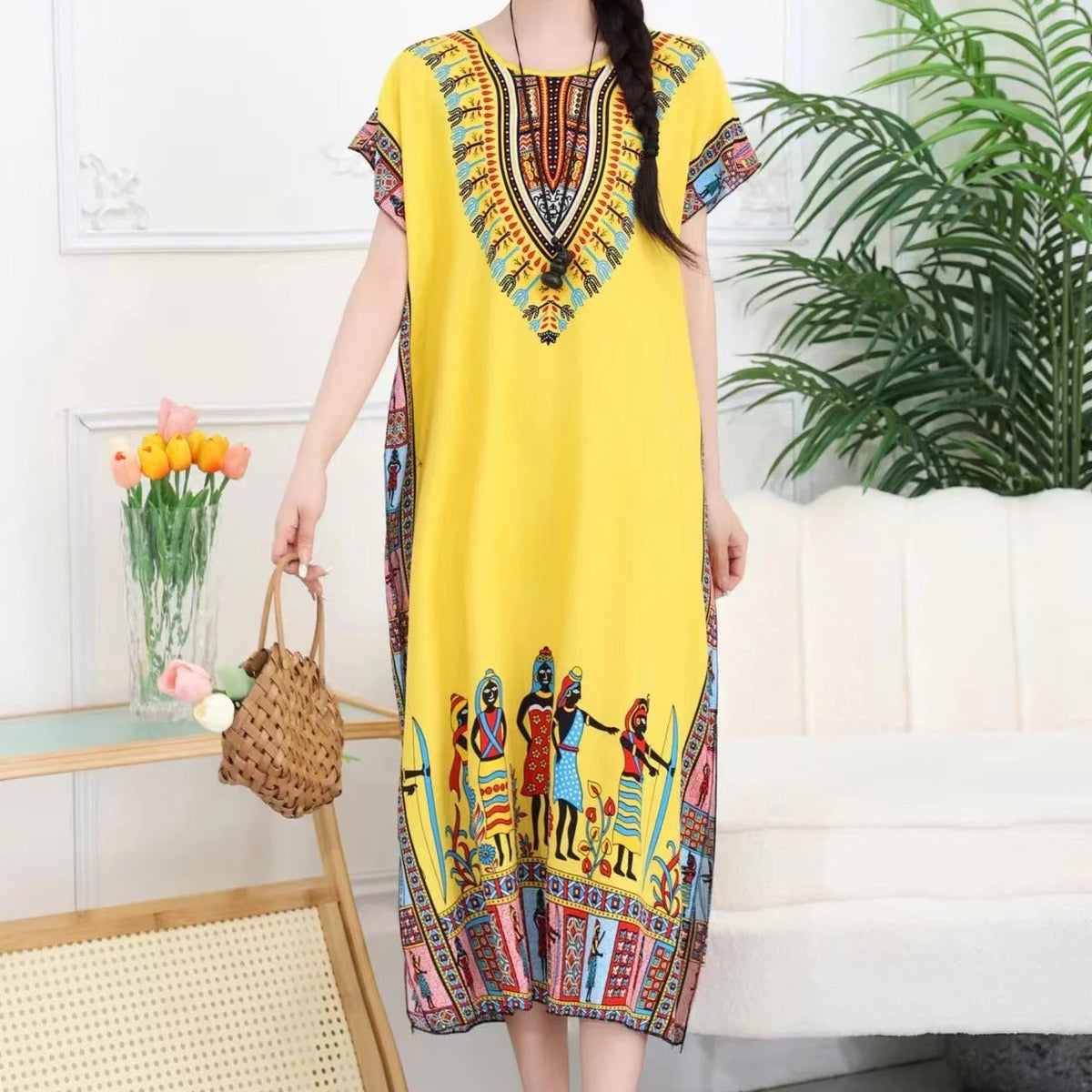 Summer New Casual Elegant Retro Bohemian Style V-neck Elastic Waist Large Swing Printed Long Skirt Autumn Summer Dress