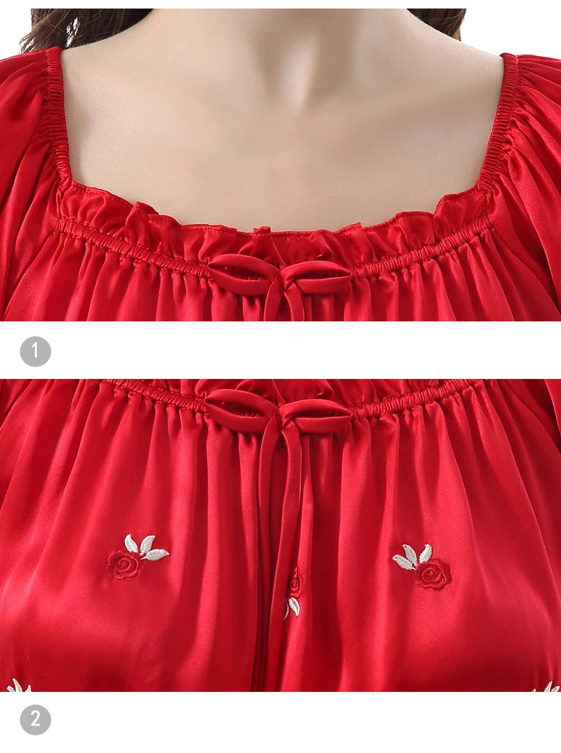 Women's 100% Mulberry Silk Sleep Dress Short Sleeve Summer Spring New Arrival Loose Solid Color Embroidered Doll Sleepwear