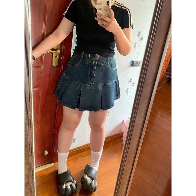 Women's Skirt Denim Pleated Mini High Waist A Line Short Slim Vintage Summer Casual Stylish