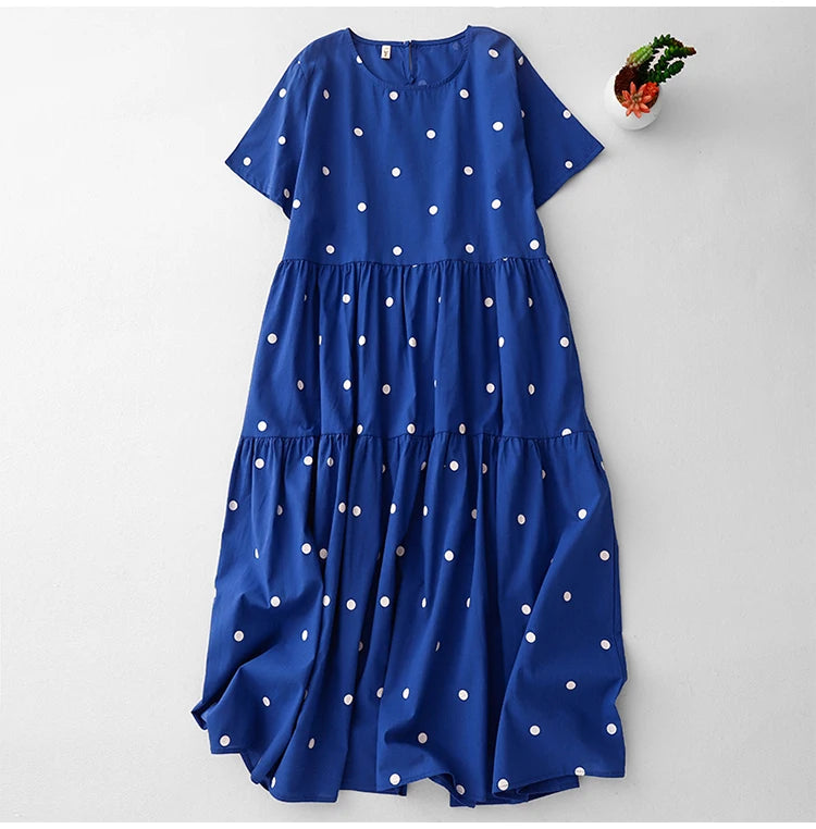 High-End Blue Pure Cotton Floral Print Dress Women's Summer 2025 round Neck Long Dress Polka Dot Skirt Comfortable A-Line