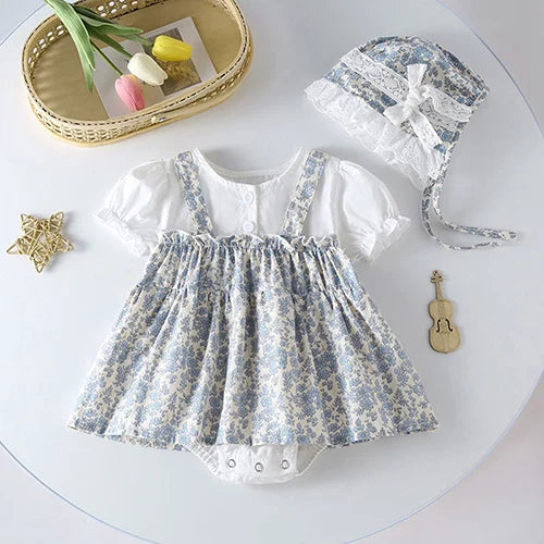 Baby Girl Sleeveless Romper and Hat Set - Cotton Print, 0-24M