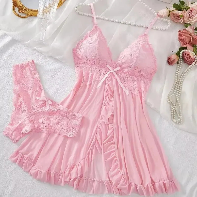 Sexy Lingerie Set Women'S Erotic Bra Nightdress Sexy Lace Sleepwear Solid Slim Soft Dresses V Neck Full Slip Sleepwear & Dresses