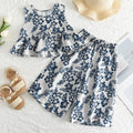 Girls Retro Floral Top & Wide-Leg Pants Two-Piece Set