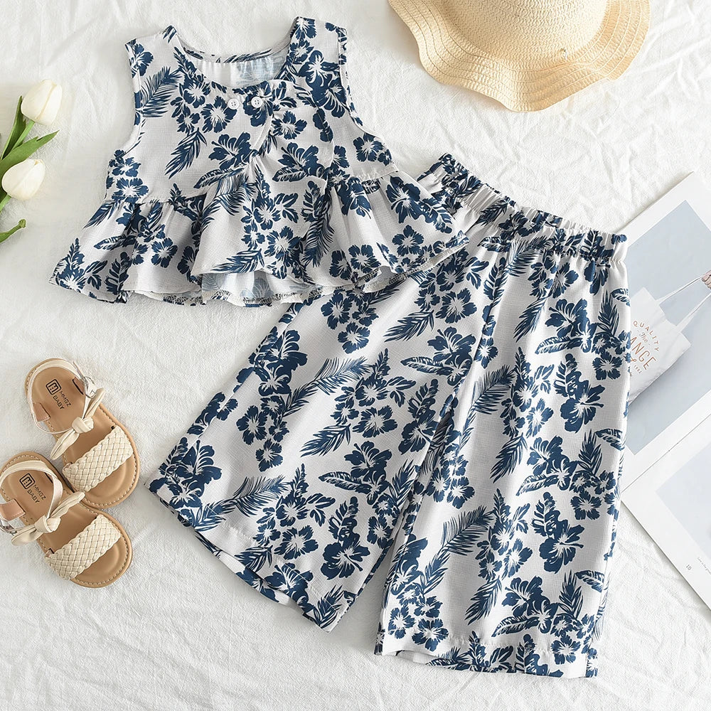 Girls Retro Floral Top & Wide-Leg Pants Two-Piece Set